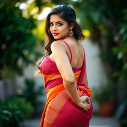 A beautiful and attractive woman with a curvy figure and a prominent big butt, wearing a vibrant and colorful saari that enhances her natural beauty