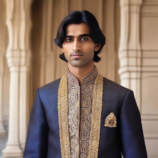 The young, lean Indian man, with fair skin, slightly longer neat hair, dressed in traditional, yet simplistic, Indian royal attire