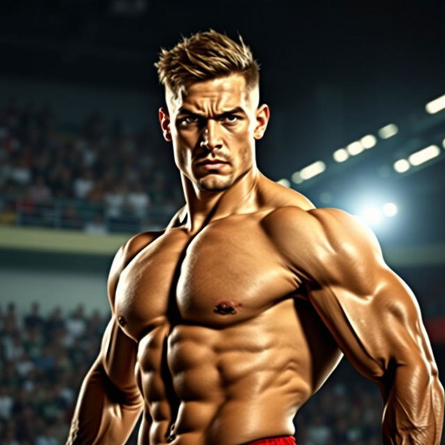 A striking portrait of a muscular athlete in a dynamic pose, showcasing their well-defined muscles and intense expression