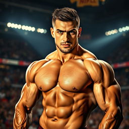 A striking portrait of a muscular athlete in a dynamic pose, showcasing their well-defined muscles and intense expression