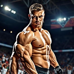 A striking portrait of a muscular athlete in a dynamic pose, showcasing their well-defined muscles and intense expression