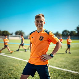 A dynamic and vibrant school athlete posing confidently on a field, wearing a bright and stylish sports uniform with the school emblem visible