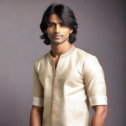 The young, lean Indian man, with fair skin, slightly longer neat hair, dressed in a simple, casual version of Indian royal attire