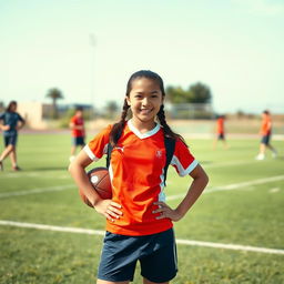 A dynamic and vibrant school athlete posing confidently on a field, wearing a bright and stylish sports uniform with the school emblem visible