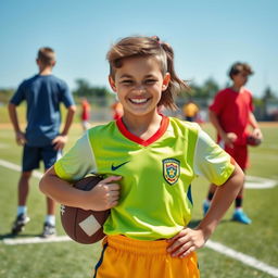 A dynamic and vibrant school athlete posing confidently on a field, wearing a bright and stylish sports uniform with the school emblem visible
