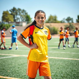 A dynamic and vibrant school athlete posing confidently on a field, wearing a bright and stylish sports uniform with the school emblem visible