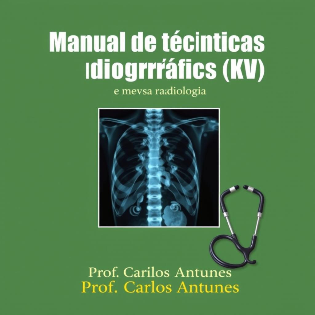 A book cover design for the title 'Manual de técnicas radiográficas (KV) Para estagiários em radiologia' by Prof