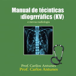 A book cover design for the title 'Manual de técnicas radiográficas (KV) Para estagiários em radiologia' by Prof