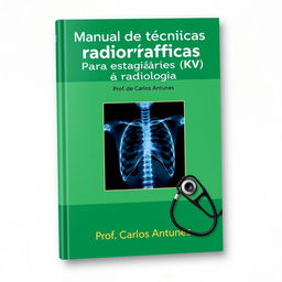 A book cover design for the title 'Manual de técnicas radiográficas (KV) Para estagiários em radiologia' by Prof