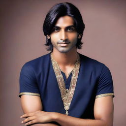 The young, lean Indian man, with fair skin, slightly longer neat hair, dressed in a simple, casual version of Indian royal attire