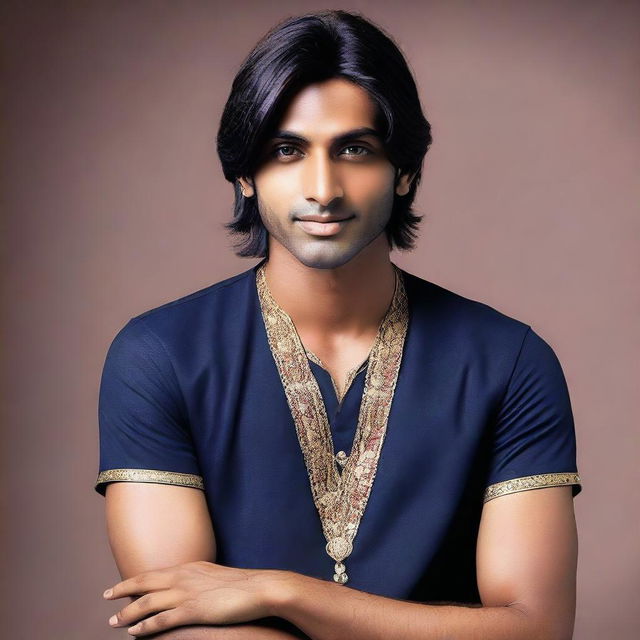 The young, lean Indian man, with fair skin, slightly longer neat hair, dressed in a simple, casual version of Indian royal attire