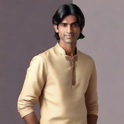 The young, lean Indian man, with fair skin, slightly longer neat hair, dressed in a simple, casual version of Indian royal attire