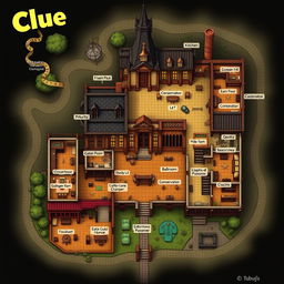 A detailed, illustrated map of a classic Victorian mansion designed for a Clue board game setting