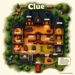 A detailed, illustrated map of a classic Victorian mansion designed for a Clue board game setting
