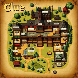 A detailed, illustrated map of a classic Victorian mansion designed for a Clue board game setting