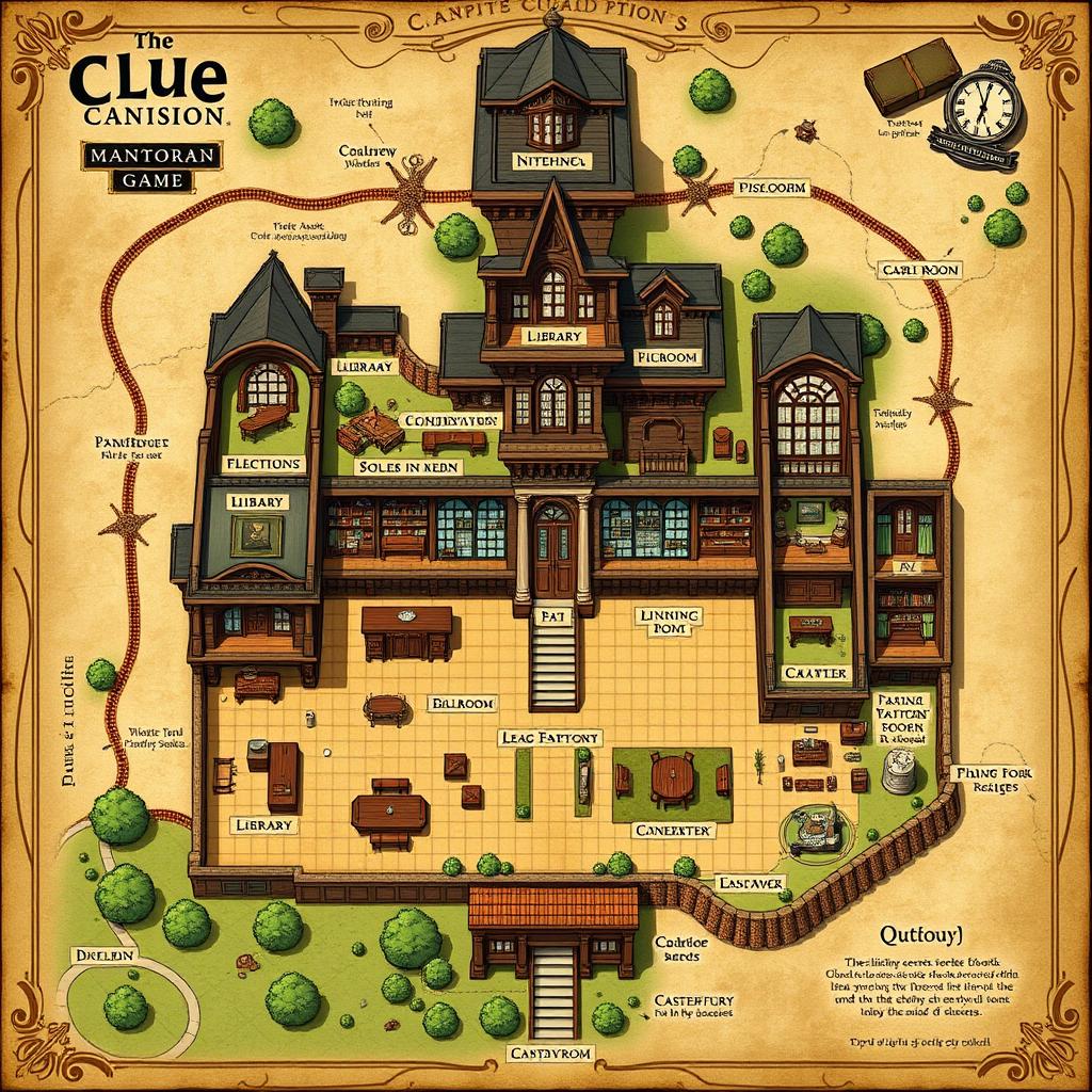 A detailed, illustrated map of a classic Victorian mansion designed for a Clue board game setting