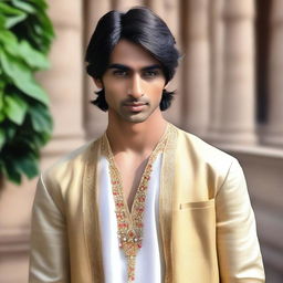 The young, lean Indian man, with fair skin, slightly longer neat hair, dressed in a simple, casual version of Indian royal attire