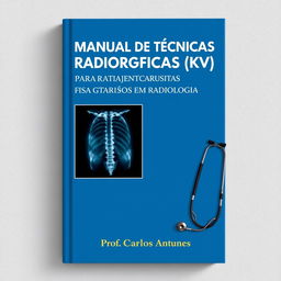A book cover design for the title 'MANUAL DE TÉCNICAS RADIOGRÁFICAS (KV) PARA ESTAGIÁRIOS EM RADIOLOGIA' by Prof