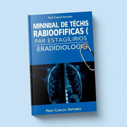 A book cover design for the title 'MANUAL DE TÉCNICAS RADIOGRÁFICAS (KV) PARA ESTAGIÁRIOS EM RADIOLOGIA' by Prof
