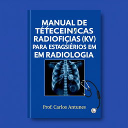 A book cover design for the title 'MANUAL DE TÉCNICAS RADIOGRÁFICAS (KV) PARA ESTAGIÁRIOS EM RADIOLOGIA' by Prof