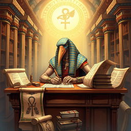 A detailed illustration of Thoth, the Egyptian god of wisdom, depicted as a scholarly figure with the head of an ibis