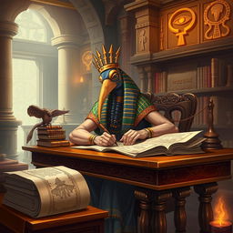 A detailed illustration of Thoth, the Egyptian god of wisdom, depicted as a scholarly figure with the head of an ibis