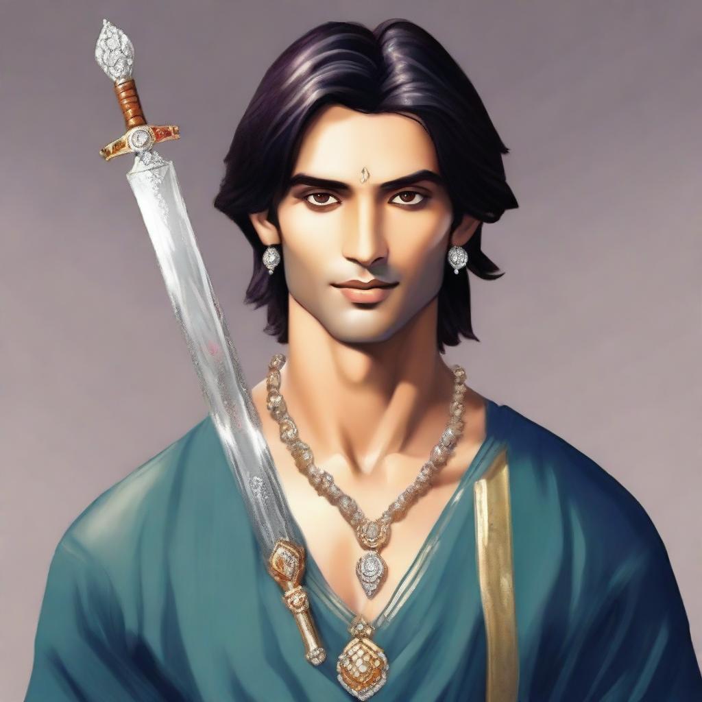 The young, lean Indian man, with fair skin, slightly longer neat hair, dressed in a simple, casual version of Indian royal attire, holding a shimmering diamond sword