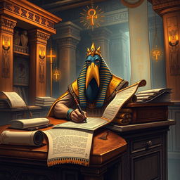 A detailed illustration of Thoth, the Egyptian god of wisdom, depicted as a scholarly figure with the head of an ibis