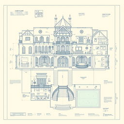 Highly detailed blueprints of a luxurious mansion, featuring multiple floors with expansive living spaces, elegant architecture, and intricate designs