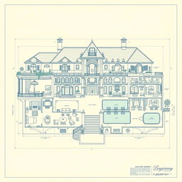 Highly detailed blueprints of a luxurious mansion, featuring multiple floors with expansive living spaces, elegant architecture, and intricate designs