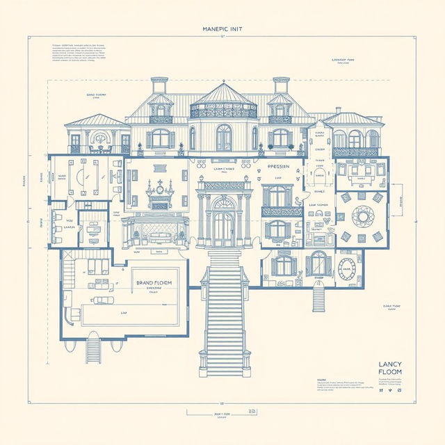 Highly detailed blueprints of a luxurious mansion, featuring multiple floors with expansive living spaces, elegant architecture, and intricate designs