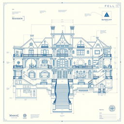 Highly detailed blueprints of a luxurious mansion, featuring multiple floors with expansive living spaces, elegant architecture, and intricate designs