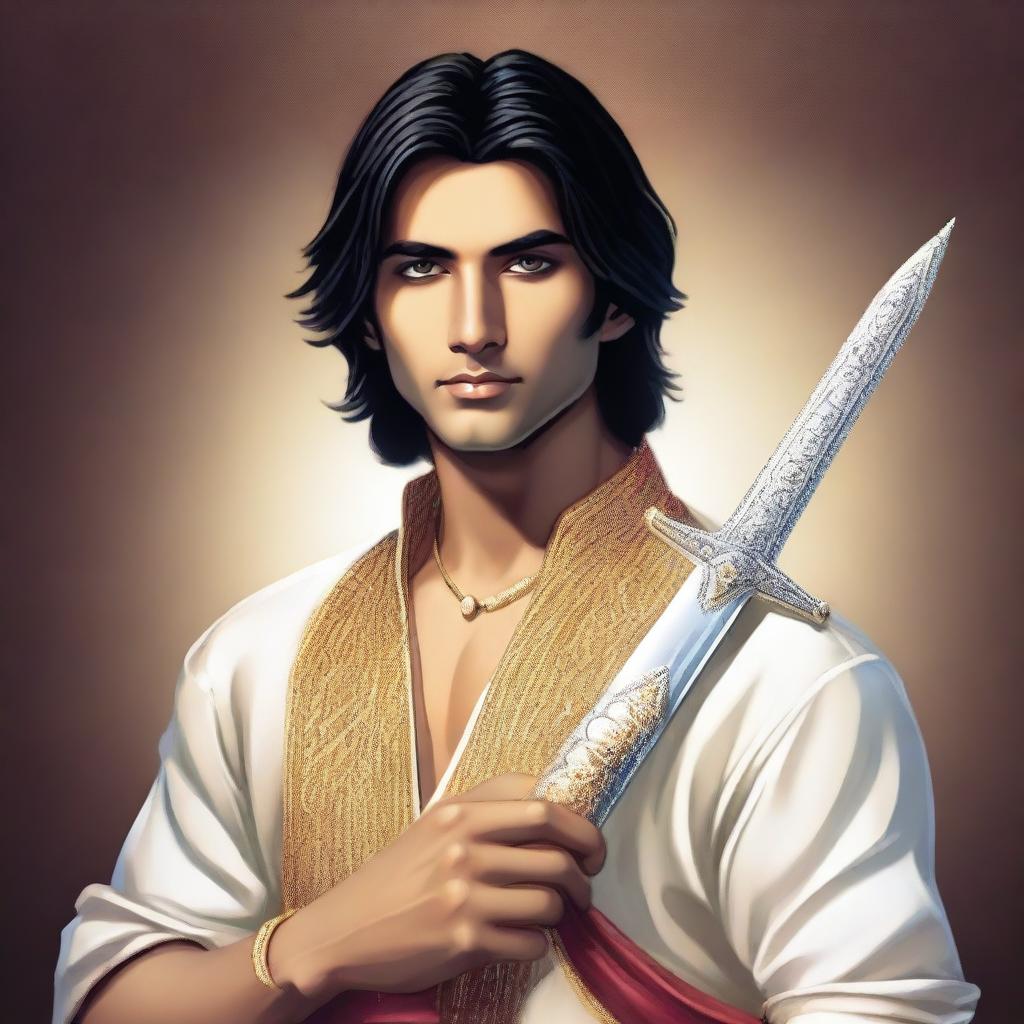 The young, lean Indian man, with fair skin, slightly longer neat hair, dressed in a simple, casual version of Indian royal attire, holding a shimmering diamond sword