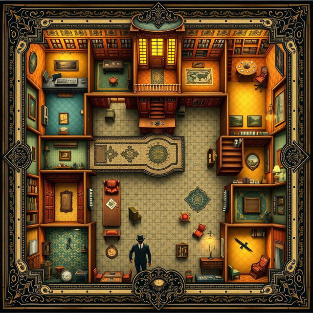 A highly detailed Clue game board design, featuring a lavish mansion layout with each room meticulously illustrated, including the kitchen, ballroom, library, study, conservatory, dining room, and hall