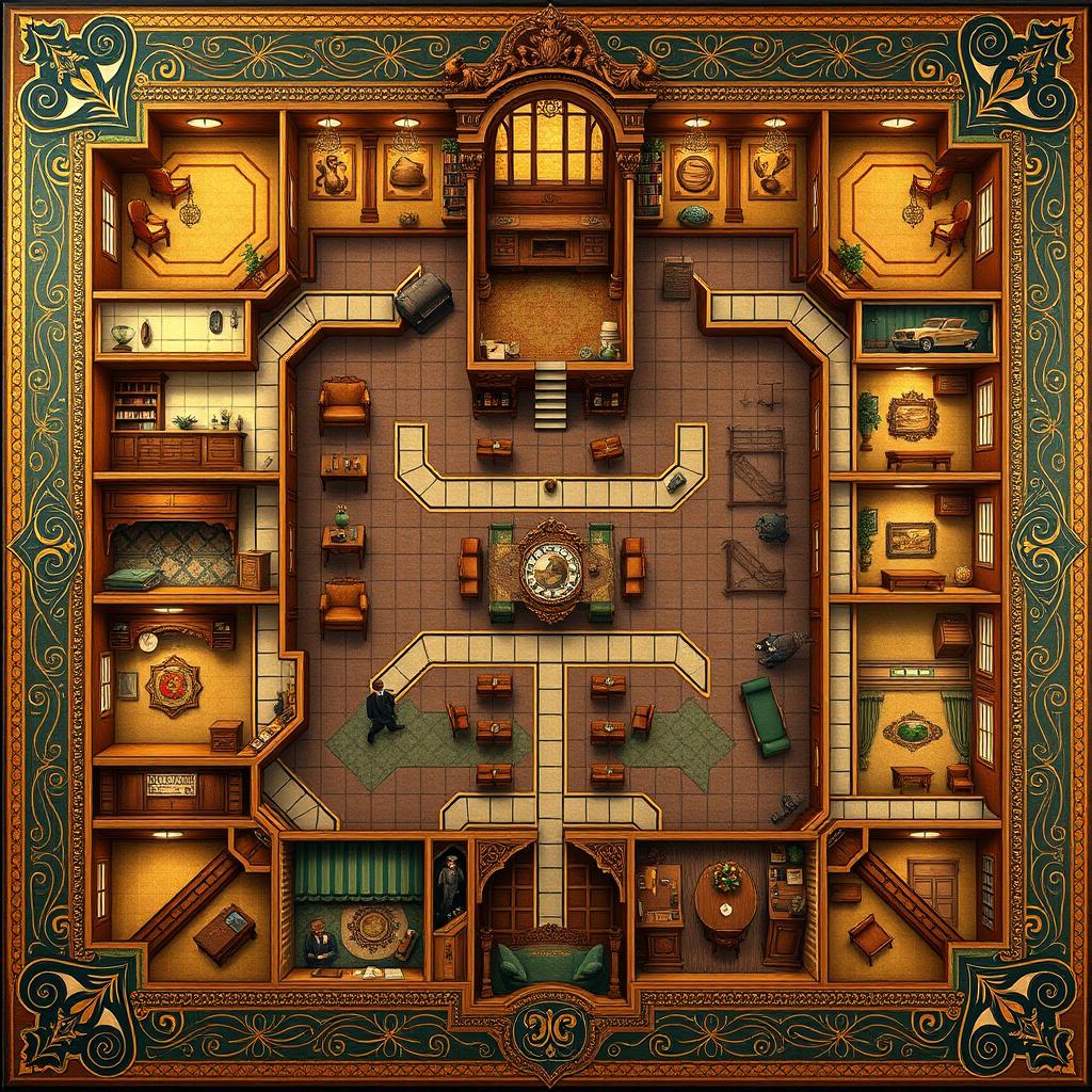 A highly detailed Clue game board design, featuring a lavish mansion layout with each room meticulously illustrated, including the kitchen, ballroom, library, study, conservatory, dining room, and hall