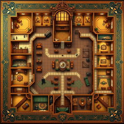 A highly detailed Clue game board design, featuring a lavish mansion layout with each room meticulously illustrated, including the kitchen, ballroom, library, study, conservatory, dining room, and hall