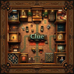A highly detailed Clue game board design, featuring a lavish mansion layout with each room meticulously illustrated, including the kitchen, ballroom, library, study, conservatory, dining room, and hall