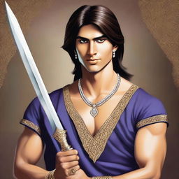 The young, lean Indian man, with fair skin, slightly longer neat hair, dressed in a simple, casual version of Indian royal attire, holding a shimmering diamond sword