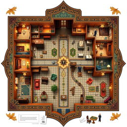 A highly detailed Clue game board depicting a luxurious mansion layout, beautifully showcasing each room such as the kitchen, ballroom, library, study, conservatory, dining room, and hallway, all richly illustrated