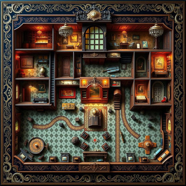 A highly detailed Clue game board depicting a luxurious mansion layout, beautifully showcasing each room such as the kitchen, ballroom, library, study, conservatory, dining room, and hallway, all richly illustrated