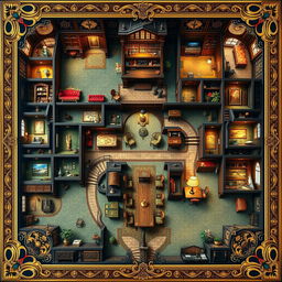 A highly detailed Clue game board depicting a luxurious mansion layout, beautifully showcasing each room such as the kitchen, ballroom, library, study, conservatory, dining room, and hallway, all richly illustrated