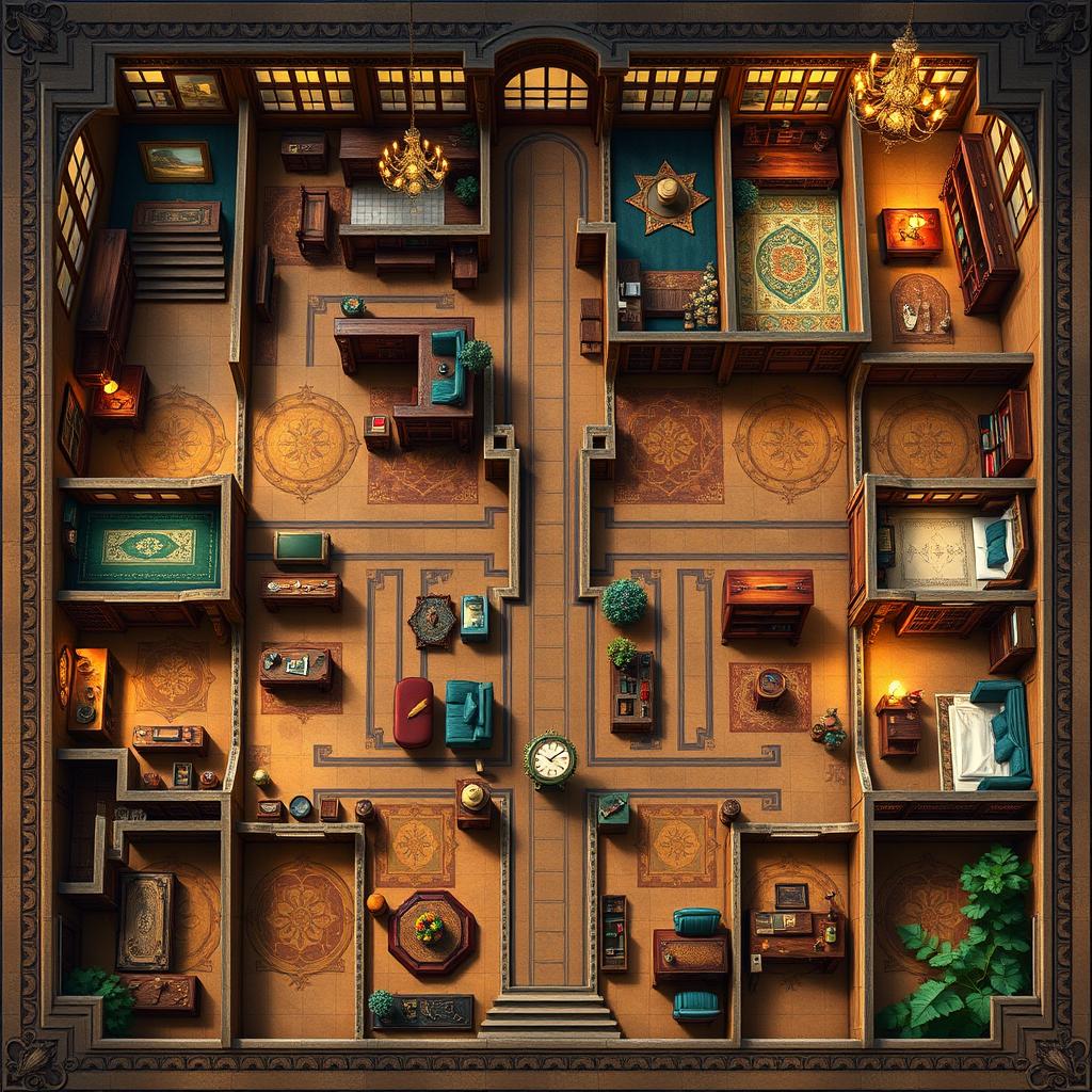 A highly detailed and beautifully illustrated game board depicting a grand mansion layout, featuring numerous rooms such as the foyer, dining room, study, ballroom, kitchen, library, conservatory, and bathrooms