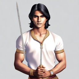 The young, lean Indian man, with fair skin, slightly longer neat hair, dressed in a simple, casual version of Indian royal attire, holding a shimmering diamond sword