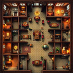 A highly detailed and beautifully illustrated game board depicting a grand mansion layout, featuring numerous rooms such as the foyer, dining room, study, ballroom, kitchen, library, conservatory, and bathrooms