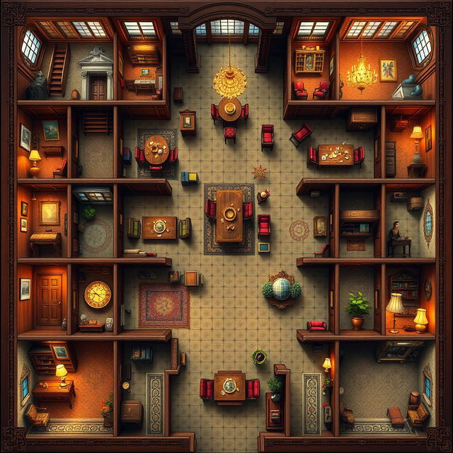 A highly detailed and beautifully illustrated game board depicting a grand mansion layout, featuring numerous rooms such as the foyer, dining room, study, ballroom, kitchen, library, conservatory, and bathrooms