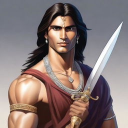 A realistic depiction of a young, lean Indian man, with fair skin, slightly longer neat hair, dressed in simple, casual Indian royal attire, holding a brilliant diamond sword