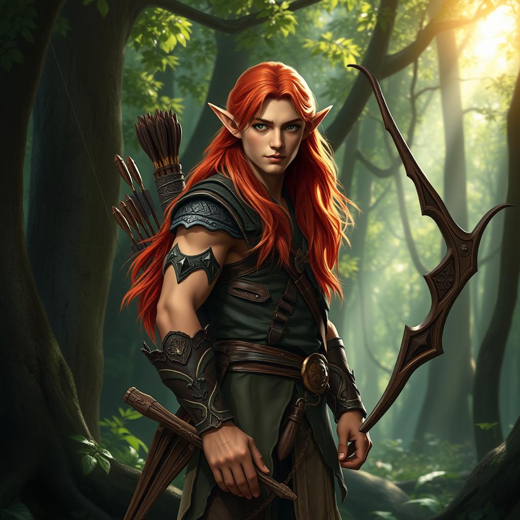 A male elf ranger with long, flowing red hair, standing confidently in an enchanted forest