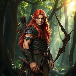 A male elf ranger with long, flowing red hair, standing confidently in an enchanted forest