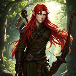 A male elf ranger with long, flowing red hair, standing confidently in an enchanted forest