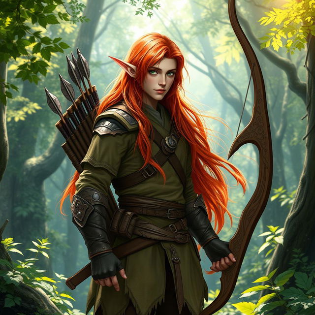 A male elf ranger with long, flowing red hair, standing confidently in an enchanted forest